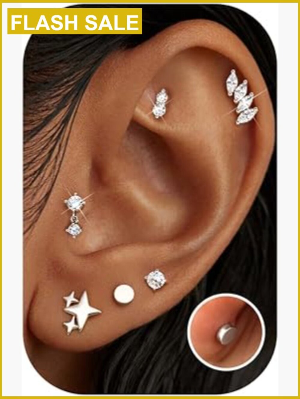 6 Pairs Flat Back Stud Earrings 14K Gold Plated Hypoallergenic Cartilage